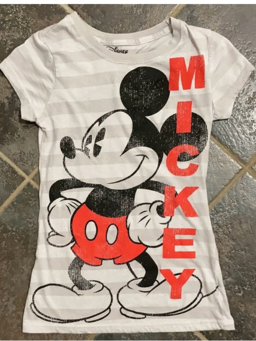 Disney White Striped Tee with Black & Red Mickey Graphic Juniors Size M 7/9